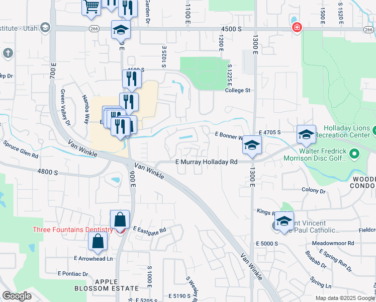 map of restaurants, bars, coffee shops, grocery stores, and more near 1111 Brigadoon Court in Millcreek