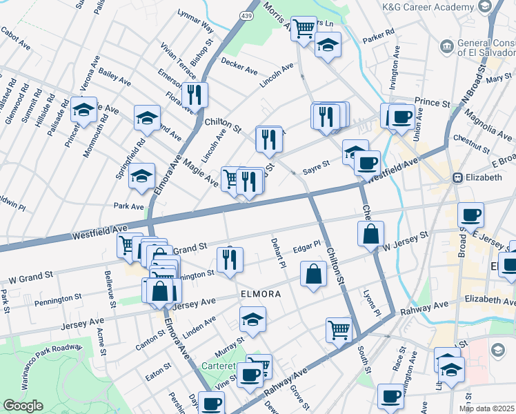 map of restaurants, bars, coffee shops, grocery stores, and more near 268 New Jersey 28 in Elizabeth