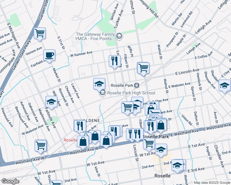 map of restaurants, bars, coffee shops, grocery stores, and more near 508 Elm Street in Roselle Park