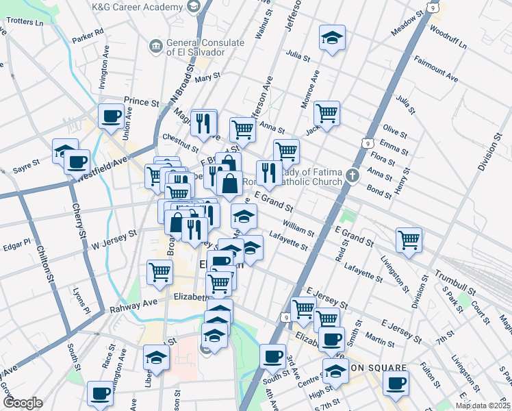map of restaurants, bars, coffee shops, grocery stores, and more near 1091 William Street in Elizabeth