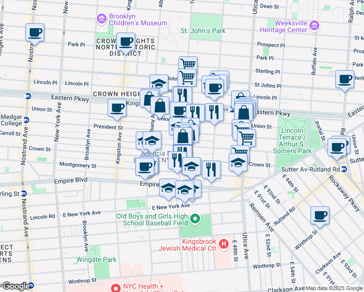 map of restaurants, bars, coffee shops, grocery stores, and more near Troy Avenue & Carroll Street in Brooklyn