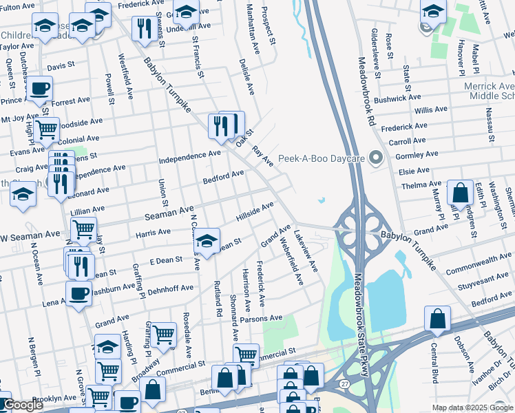 map of restaurants, bars, coffee shops, grocery stores, and more near 95 Hillside Avenue in Freeport