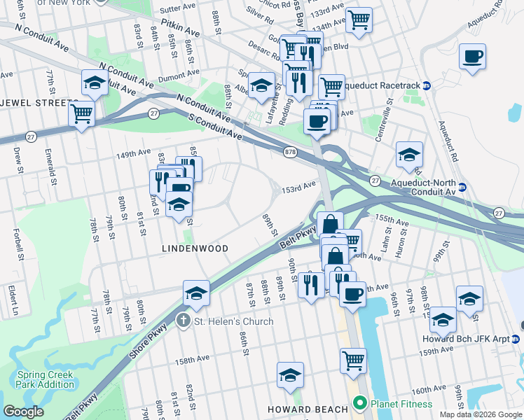 map of restaurants, bars, coffee shops, grocery stores, and more near 25 155th Avenue in Queens