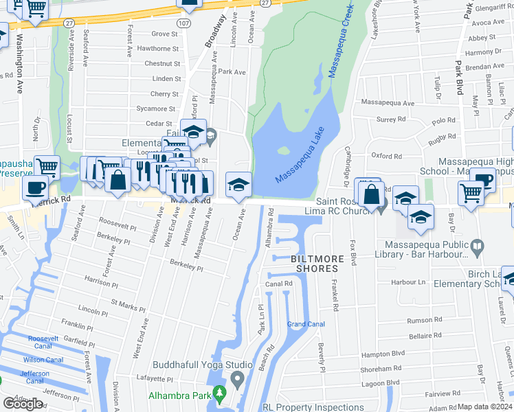 map of restaurants, bars, coffee shops, grocery stores, and more near 4460 Merrick Road in Massapequa