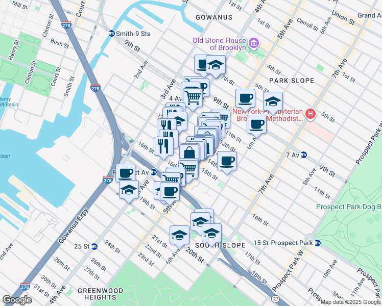map of restaurants, bars, coffee shops, grocery stores, and more near 171 15th Street in Brooklyn