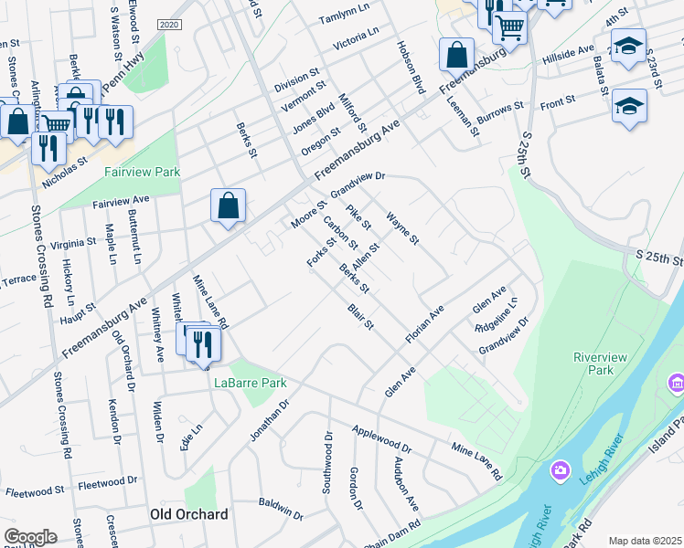map of restaurants, bars, coffee shops, grocery stores, and more near 223 Berks Street in Easton