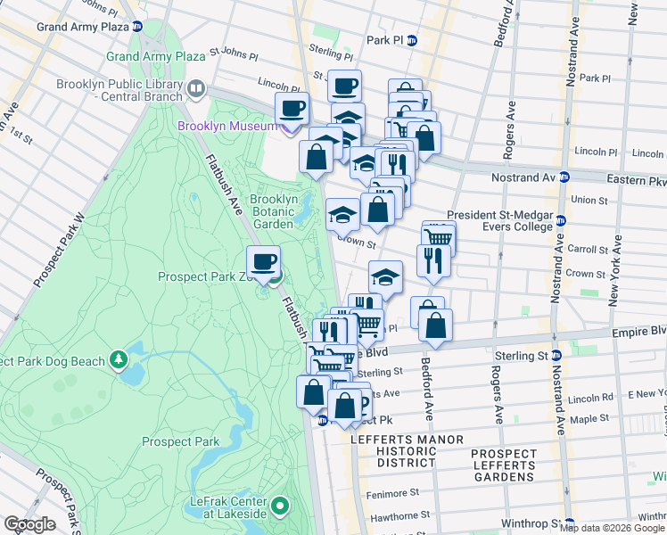 map of restaurants, bars, coffee shops, grocery stores, and more near 950 Washington Avenue in Brooklyn