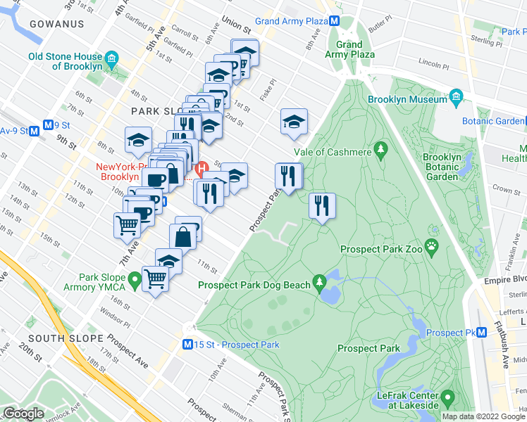 map of restaurants, bars, coffee shops, grocery stores, and more near Prospect Park West & 6th Street in Brooklyn