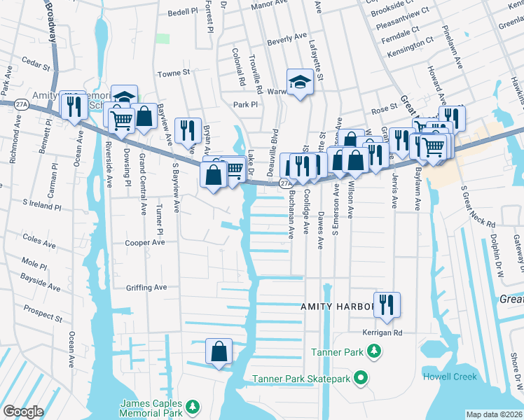 map of restaurants, bars, coffee shops, grocery stores, and more near 24 Albert Road in Amityville