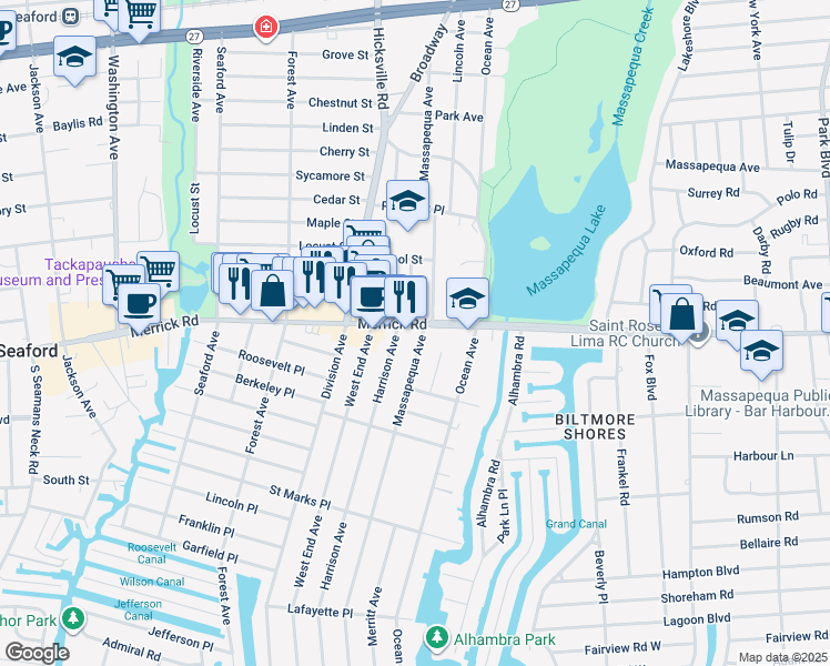 map of restaurants, bars, coffee shops, grocery stores, and more near 4350 Merrick Road in Massapequa