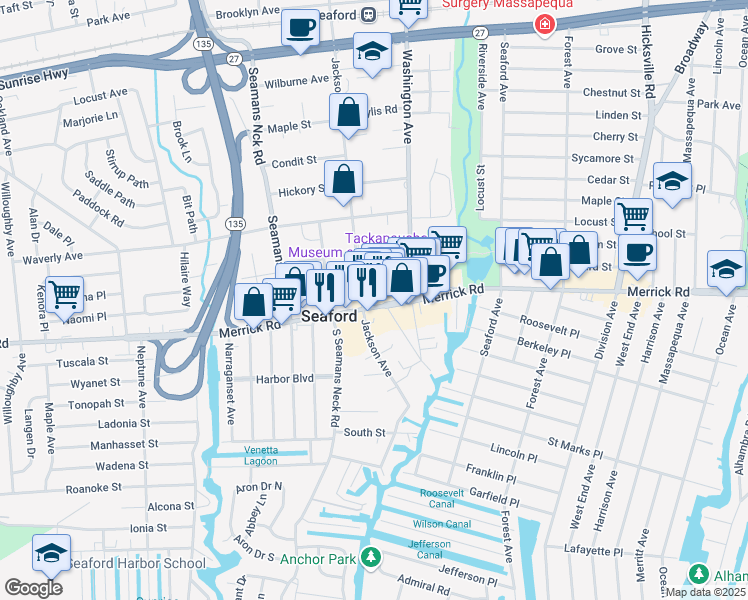 map of restaurants, bars, coffee shops, grocery stores, and more near 3940 Merrick Road in Seaford