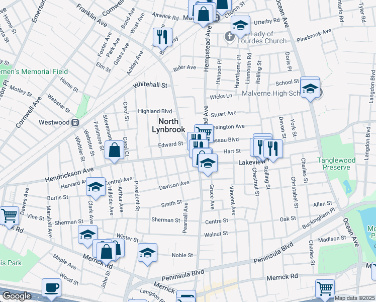 map of restaurants, bars, coffee shops, grocery stores, and more near 13 Hendrickson Avenue in Lynbrook