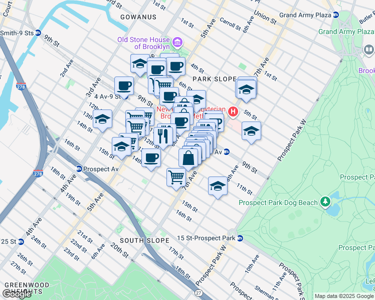 map of restaurants, bars, coffee shops, grocery stores, and more near 447 11th Street in Brooklyn
