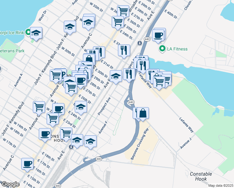 map of restaurants, bars, coffee shops, grocery stores, and more near 76 East 29th Street in Bayonne