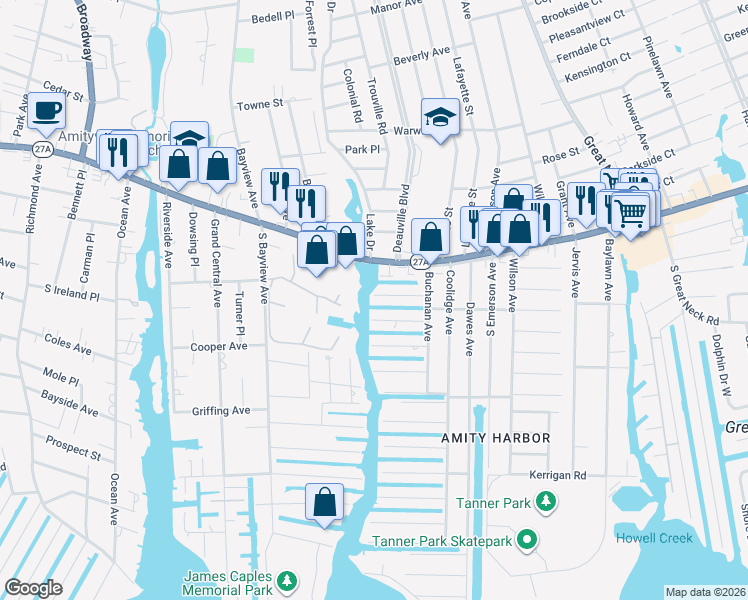map of restaurants, bars, coffee shops, grocery stores, and more near 24 Albert Road in Amityville
