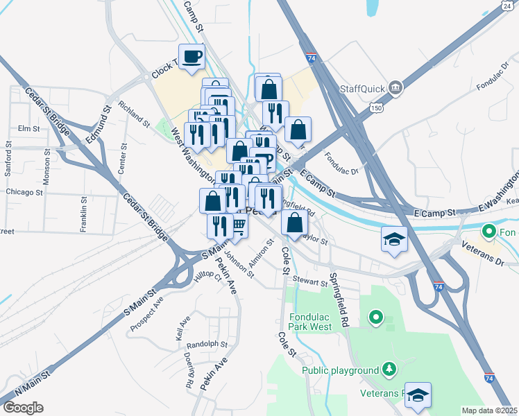 map of restaurants, bars, coffee shops, grocery stores, and more near 323 McKinley Street in East Peoria