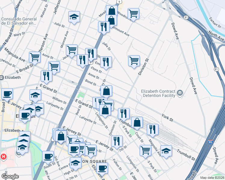 map of restaurants, bars, coffee shops, grocery stores, and more near 847 Bond Street in Elizabeth