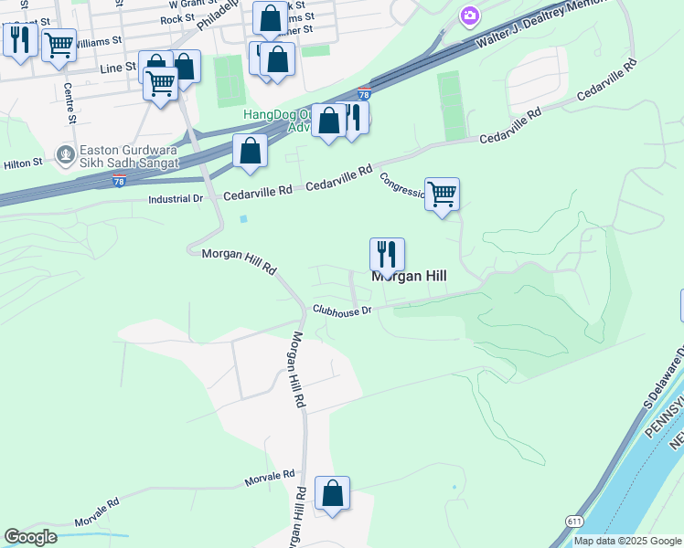 map of restaurants, bars, coffee shops, grocery stores, and more near 313 Waterford Terrace in Easton