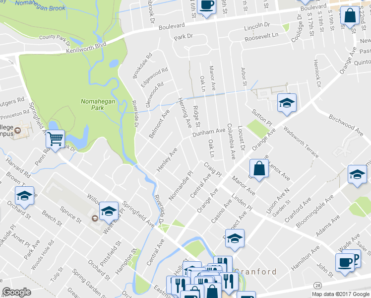 map of restaurants, bars, coffee shops, grocery stores, and more near 25 Elmora Avenue in Cranford
