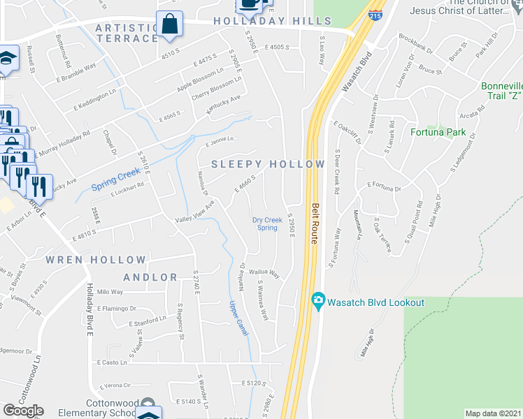map of restaurants, bars, coffee shops, grocery stores, and more near 4740 Bron Breck Street in Holladay