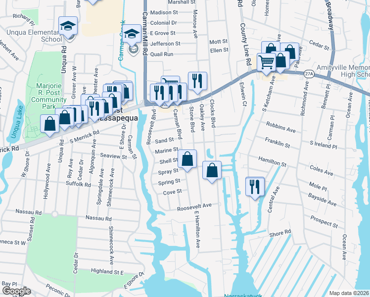 map of restaurants, bars, coffee shops, grocery stores, and more near 78 Marine Street in Massapequa