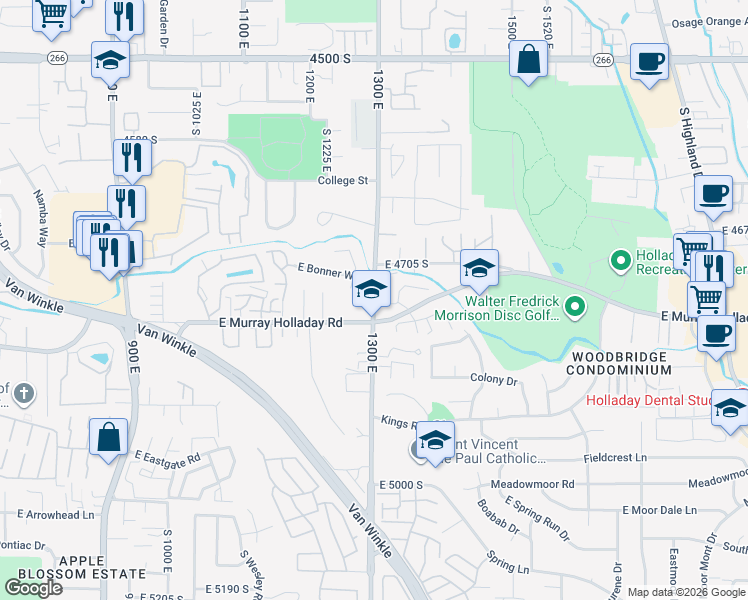 map of restaurants, bars, coffee shops, grocery stores, and more near 1245 East Murray Holladay Road in Millcreek