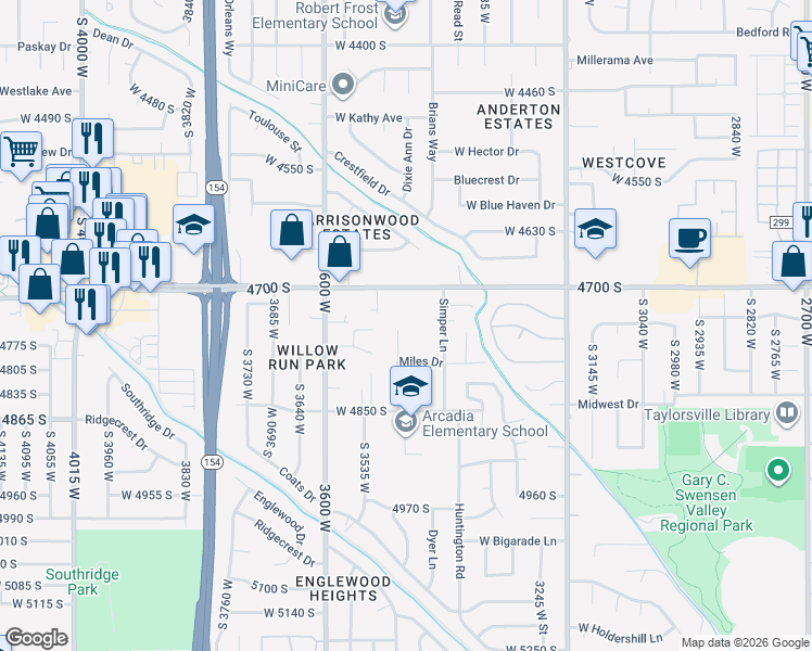 map of restaurants, bars, coffee shops, grocery stores, and more near 4749 Dymock Circle in Salt Lake City