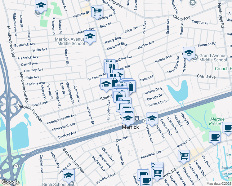 map of restaurants, bars, coffee shops, grocery stores, and more near 12 Smith Street in Merrick