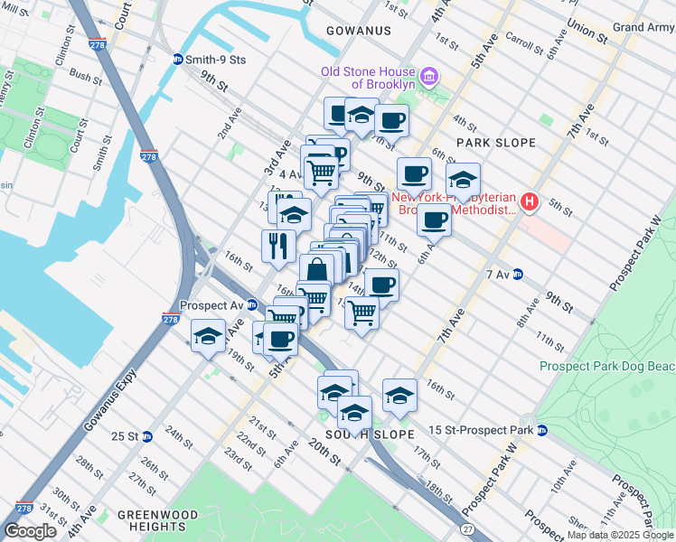 map of restaurants, bars, coffee shops, grocery stores, and more near 530 5th Avenue in Brooklyn