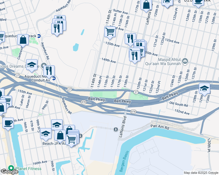 map of restaurants, bars, coffee shops, grocery stores, and more near 150-34 116th Street in Queens