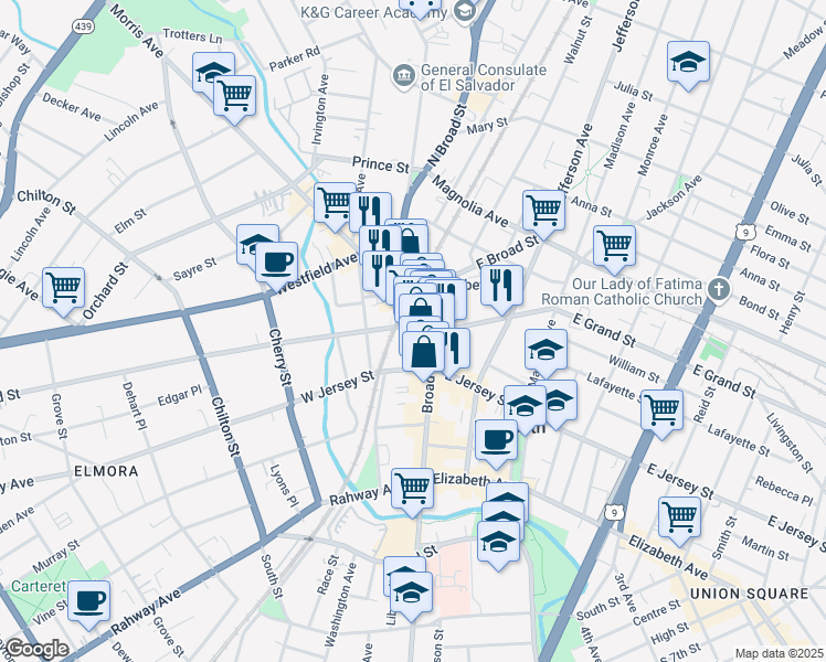 map of restaurants, bars, coffee shops, grocery stores, and more near 142 Broad Street in Elizabeth