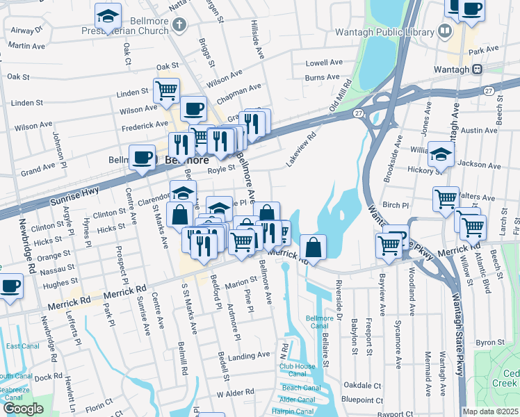 map of restaurants, bars, coffee shops, grocery stores, and more near 403 Marle Place in Bellmore