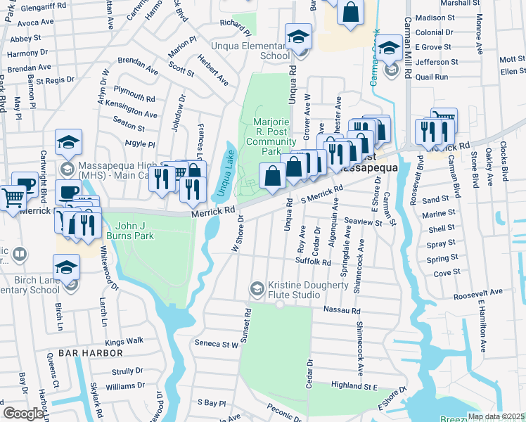 map of restaurants, bars, coffee shops, grocery stores, and more near 21 South Merrick Road in Massapequa