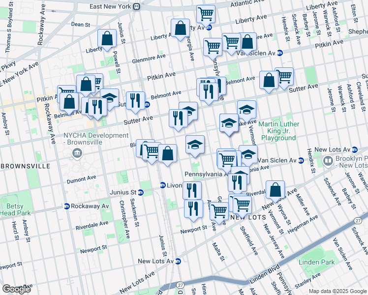 map of restaurants, bars, coffee shops, grocery stores, and more near 360 Williams Avenue in Brooklyn
