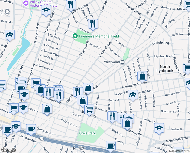 map of restaurants, bars, coffee shops, grocery stores, and more near 273 East Argyle Street in Valley Stream