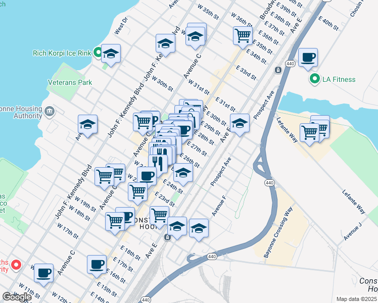 map of restaurants, bars, coffee shops, grocery stores, and more near 13 E 26th St in Bayonne