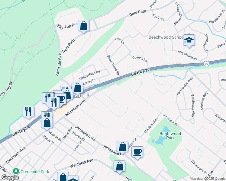 map of restaurants, bars, coffee shops, grocery stores, and more near 7 Archer Lane in Scotch Plains