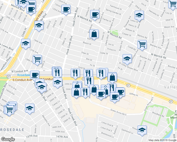 map of restaurants, bars, coffee shops, grocery stores, and more near 24 Gold Street in Valley Stream