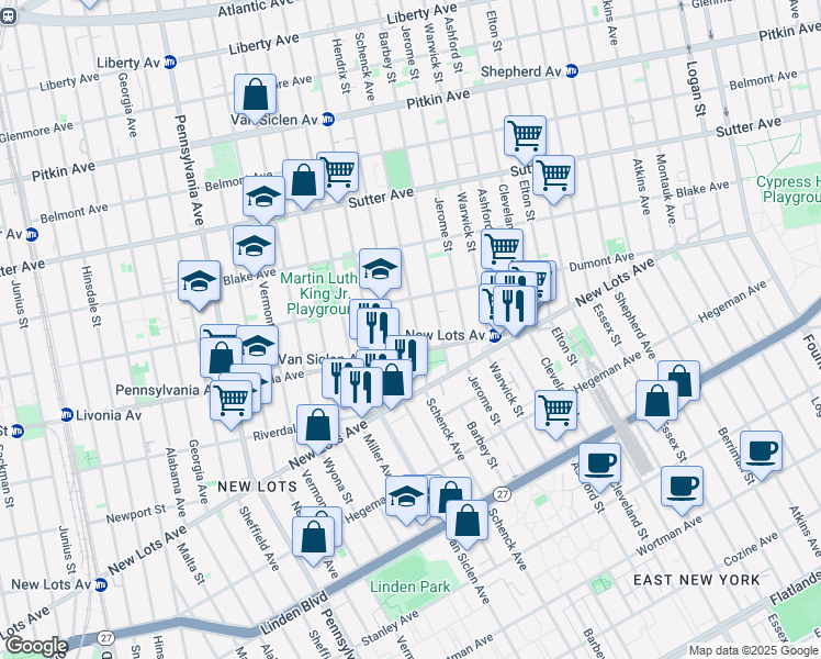 map of restaurants, bars, coffee shops, grocery stores, and more near 578 Schenck Avenue in Brooklyn