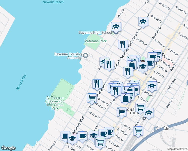 map of restaurants, bars, coffee shops, grocery stores, and more near 515 Avenue A in Bayonne