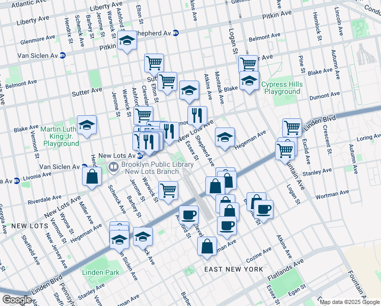 map of restaurants, bars, coffee shops, grocery stores, and more near 700 Essex Street in Brooklyn