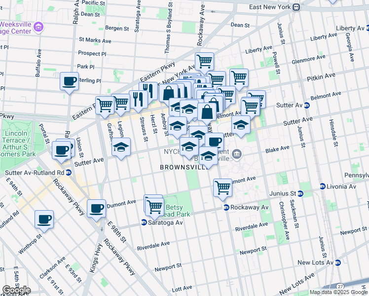 map of restaurants, bars, coffee shops, grocery stores, and more near 581 Thomas S Boyland Street in Brooklyn