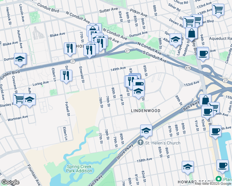 map of restaurants, bars, coffee shops, grocery stores, and more near 151-27 80th Street in Queens