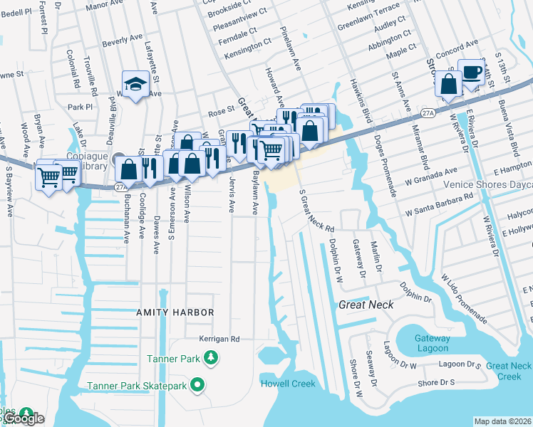 map of restaurants, bars, coffee shops, grocery stores, and more near 125 Clarence Street in Copiague