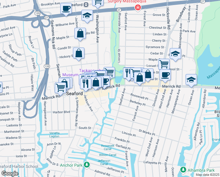 map of restaurants, bars, coffee shops, grocery stores, and more near 4040 Merrick Road in Seaford
