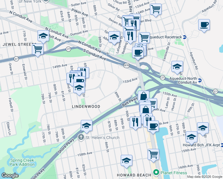 map of restaurants, bars, coffee shops, grocery stores, and more near 25 155th Avenue in Queens