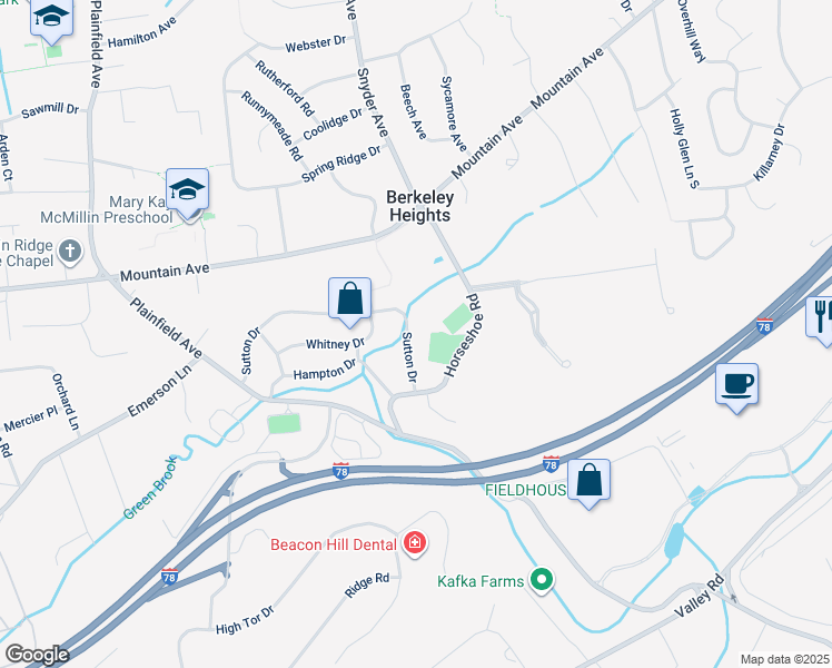 map of restaurants, bars, coffee shops, grocery stores, and more near 200 Sutton Drive in Berkeley Heights