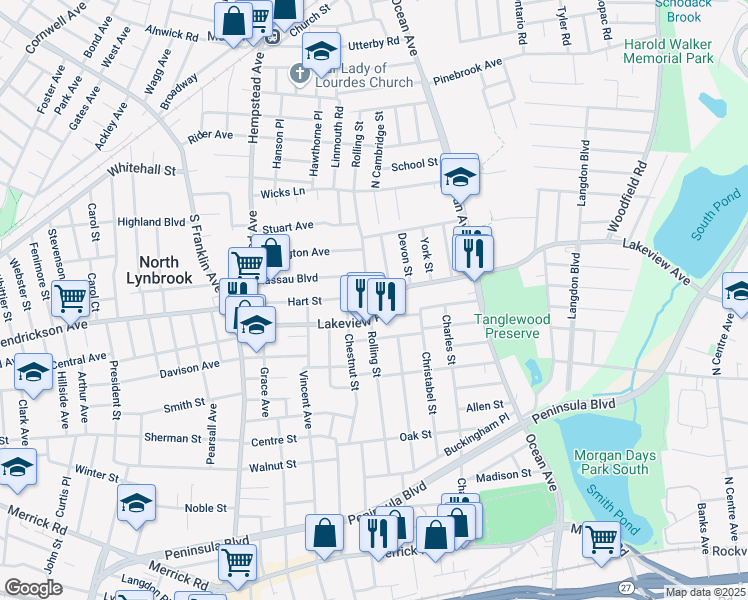 map of restaurants, bars, coffee shops, grocery stores, and more near 170 Rolling Street in Malverne