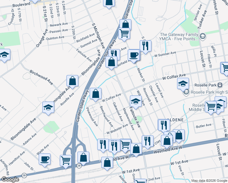 map of restaurants, bars, coffee shops, grocery stores, and more near 363 Maplewood Avenue in Kenilworth