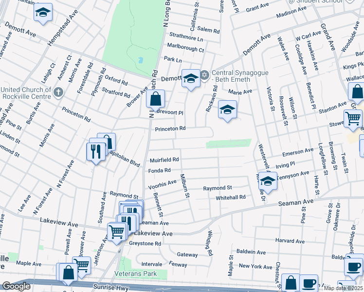 map of restaurants, bars, coffee shops, grocery stores, and more near 69 Hampshire Road in Rockville Centre